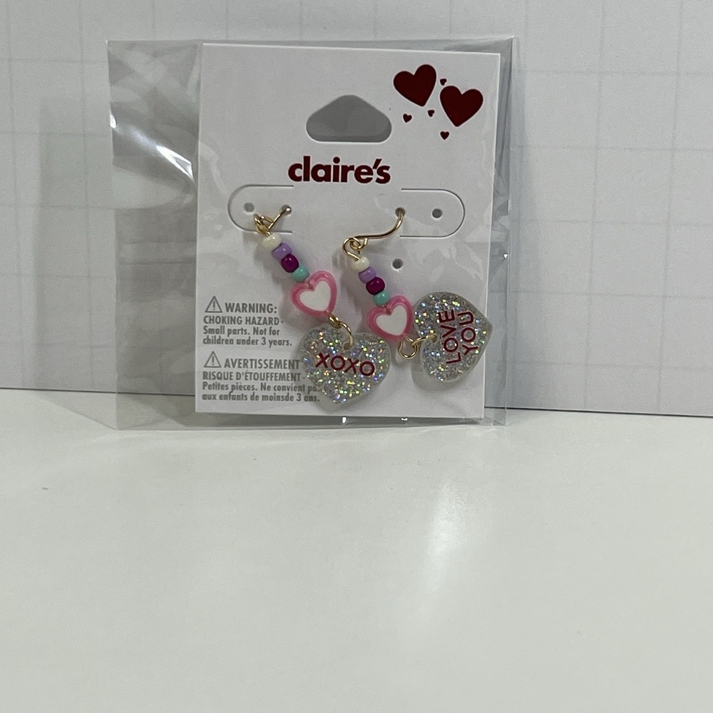 Claires Heart Drop Earrings XOXO Love You Glitter Valentine Pink Purple Blue‎ - Picture 4 of 4